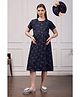 SWEETMOON Knitted Knit Half Sleeves Hearts Printed Maternity Nighty With Side Zipper Nursing Access - Navy Blue