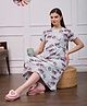 SWEETMOON Knitted Knit Half Sleeves Floral Printed Maternity Nighty With Side Zipper nursing  Access - Cloudy White