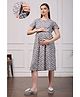 SWEETMOON Knitted Knit Half Sleeves Floral Printed Maternity Nighty With Side Zipper Nursing Access - Grey
