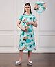 SWEETMOON Rayon Knit Half Sleeves Tribal Motifs Printed Maternity Nighty With Overlap Nursing Access - Ocean Blue