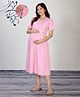SWEETMOON Knit Half Sleeves Hearts Printed Maternity Nighty With Side Zipper Nursing Access - Pink