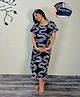SWEETMOON Knitted Half Sleeves Abstract Printed Maternity Nighty With Side Zipper Nursing Access - Navy Blue