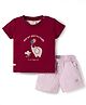 Ollypop Interlock Knit Half Sleeves T-Shirt & Shorts Set with Animal Print & Patch Detailing - Dark Red