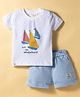 Ollypop Sinker Knit Half Sleeves Nautical Theme Printed & Striped T-Shirt & Shorts Set - Light Blue & White