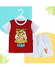The Peppy Tend 100% Cotton Knit Half Sleeves Colour Blocked Mom Dads Summer Star Text Printed Tee & Shorts Set - Red & White