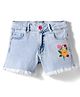 Vitamins Above Knee Length Washed Denim Shorts With Floral Embroidery - Light Blue