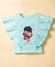 Vitamins Cotton Knit Frill Sleeves Top With Embroidery Detailing - Aqua Blue