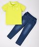 HRIT Cotton Knit Half Sleeves Solid Polo Tee With Jeans Set - Neon Green & Blue