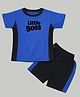 HRIT Cotton Knit Half Sleeves Little Boss Text Printed Tee & Shorts Set - Royal Blue & Black