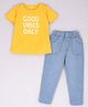 HRIT Cotton Knit Half Sleeves Good Vibes Only Text Printed Top & Jeans Set - Yellow & Blue
