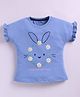 Kidcity Cotton Knit Half Sleeves Floral Embroidered Animal Designed Top - Aqua Blue
