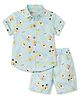 JASH KIDS Cotton Knit Half Sleeves Beach Theme & Bear Printed Co-Ords Shirt & Shorts Set - Light Blue