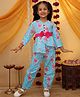 Superminis Cotton Woven Three Fourth Sleeves Bow Applique Detailed & Floral Printed Coordinating Asymmetrical Top & Pant Set - Sky Blue