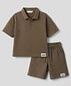 Primo Gino 100% Cotton Knit Horizontal Textured Fabric Oversized Drop Shoulder Half Sleeves Solid Colour Polo T-Shirt & Shorts Set- Coffee