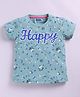 Kidcity Cotton Knit Half Sleeves Floral & Happy Printed Top - Turquoise