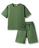 Primo Gino 100% Cotton Waffle Knit Textured Oversized Drop Shoulder Raglan Half Sleeves Solid T-Shirt & Shorts Set- Green
