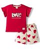 CUCUMBER Sinker Knit Half Sleeves T-Shirt & Shorts Night Suit With Heart Print - Red