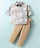 Rikidoos Cotton Knit Full Sleeves Floral Printed Party Shirt & Trouser Set With Bow & Suspender - Beige
