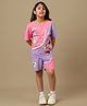 Kidsville Cotton Disney Mickey & Friends Featuring Half Sleeves Characters Printed Tee & Shorts Set - Pink & Purple