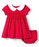 Babyhug Single Jersey Knit Half Sleeves Smocked Frock with Polka Dot Print & Bloomer - Dark Pink