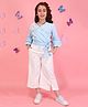 Cutecumber Woven Three Fourth Sleeves Striped & Floral Applique Detailed Top & Pants Set - Blue