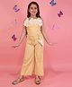 Cutecumber Woven Sleeveless Pearl Embellished Floral Applique Detailed Top & Wide Leg Pants Set - Yellow