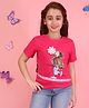 Cutecumber Knit Half Sleeves Girl Printed & Floral Applique Detailed Top - Fuchsia