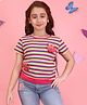 Cutecumber Knit Half Sleeves Cherries Applique Detailed Striped Top - Pink
