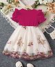 tior Woven Half Puffed Sleeves Frill Detailed & Floral Embroidered Dress - Pink