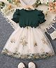 tior Woven Half Puffed Sleeves Frill Detailed & Floral Embroidered Dress - Green