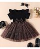 tior Mesh Woven Half Puffed Sleeves Frill & Bow Applique Detailed Leopard Pattern Printed Dress - Black