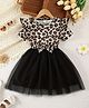 tior Mesh Woven Half Puffed Sleeves Frill & Bow Applique Detailed Leopard Pattern Printed Dress - Cream