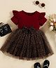 tior Mesh Woven Half Puffed Sleeves Frill & Bow Applique Detailed Leopard Pattern Printed Dress - Red