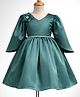 Blabber Satin Woven Full Puffed Sleeves Pearl & Stone Embellished Floral Applique Detailed Knee Length Pleated Dress - Green