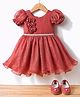 Blabber Half Puffed Sleeves Stone Embellished Floral Applique Detailed Knee Length Dress With Booties - Rust