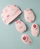 Babyhug 100% Cotton Interlock Knit Cap Mittens & Booties With Floral Bow & Strawberry Print Multicolor - Diameter 18.5 cm