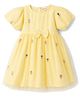 Babyhug Mesh Woven Half Sleeves Floral Embroidered Frock With Bow Applique - Yellow