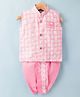 Dapper Dudes Cotton Silk Woven Sleeveless Kurta & Dhoti Set with Floral Print - Pink