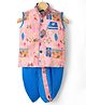 Dapper Dudes Cotton Silk Woven Sleeveless Tree Print Kurta With Co-Ordinating Dhoti Set - Peach