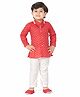 Earth Conscious Cotton Rayon Woven Full Sleeves Abstract Printed Kurta & Pyjama Set With Booties & Mala - Red