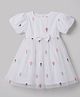 Babyhug Mesh Knit half Sleeves Floral Embroidered Frock With Bow Applique - White