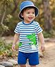 Babyhug Single Jersey Knit Half Sleeves Striped T-Shirt & Shorts Set with Dino Print - Blue