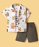 WOW Clothes Cotton Knit Woven Sleeveless T-Shirt & Shorts With Half Sleeves Shirt & Tiger Print - Brown & White