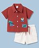 WOW Clothes Cotton Woven Half Sleeves Shirt & Shorts Set With Bear Print - Maroon