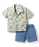 WOW Clothes Cotton Woven Half Sleeves Shirt & Shorts Set with Teddy & Car Print - Blue