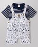 WOW Clothes Sinker Knit Half Sleeves Striped & Animal Printed Dungaree With Tee - Navy Blue