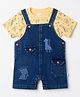 WOW Clothes 100% Cotton Knit Half Sleeves Animal Printed & Embroidered Dungaree With Inner Tee - Navy Blue