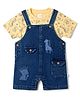 WOW Clothes 100% Cotton Knit Half Sleeves Animal Printed & Embroidered Dungaree With Inner Tee - Royal Blue