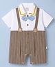 WOW Clothes Cotton Woven Half Sleeves Collar Neck Romper with Attached Bow - White & Tan