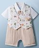 WOW Clothes Cotton Woven Half Sleeves Animal Printed Romper With Bear Applique - Beige